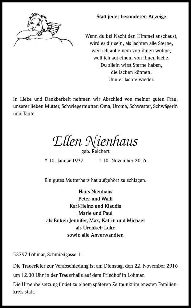  Traueranzeige für Ellen Nienhaus vom 16.11.2016 aus Kölner Stadt-Anzeiger / Kölnische Rundschau / Express
