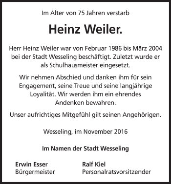 Anzeige von Heinz Weiler von  Schlossbote/Werbekurier 