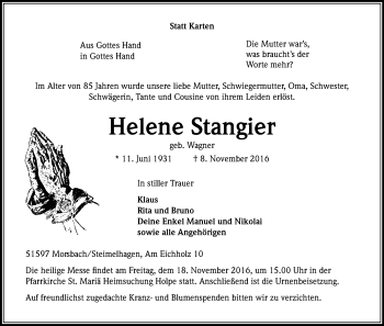 Anzeige von Helene Stangier von Kölner Stadt-Anzeiger / Kölnische Rundschau / Express