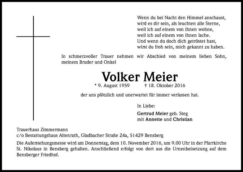  Traueranzeige für Volker Meier vom 05.11.2016 aus Kölner Stadt-Anzeiger / Kölnische Rundschau / Express