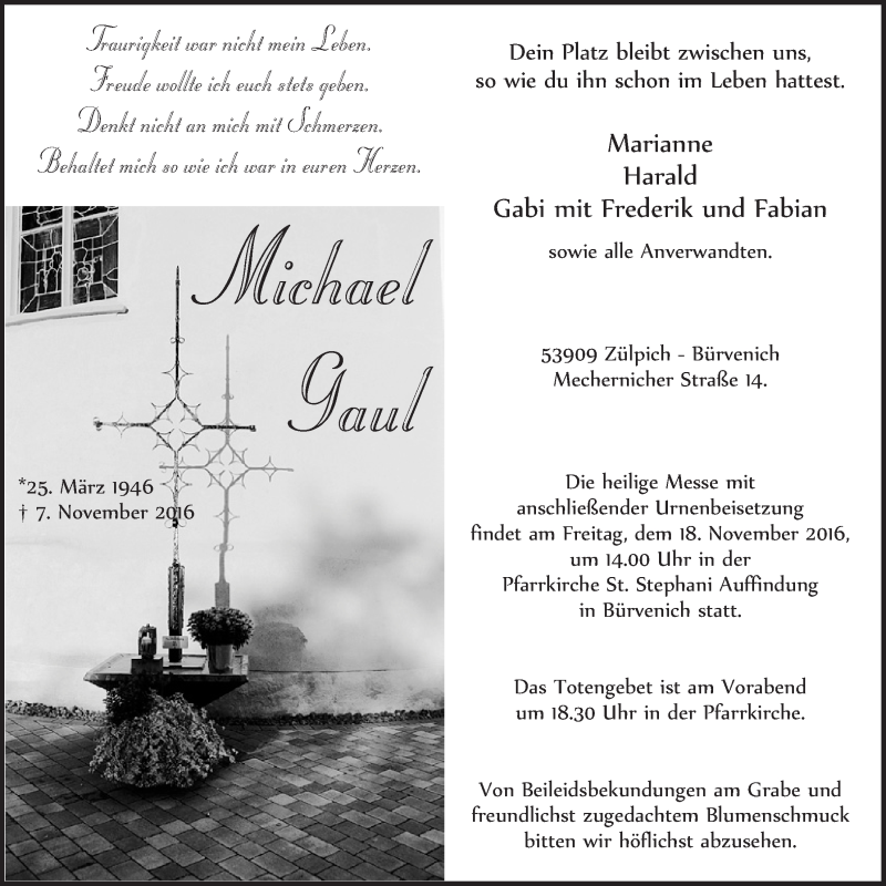  Traueranzeige für Michael Gaul vom 12.11.2016 aus  Blickpunkt Euskirchen 