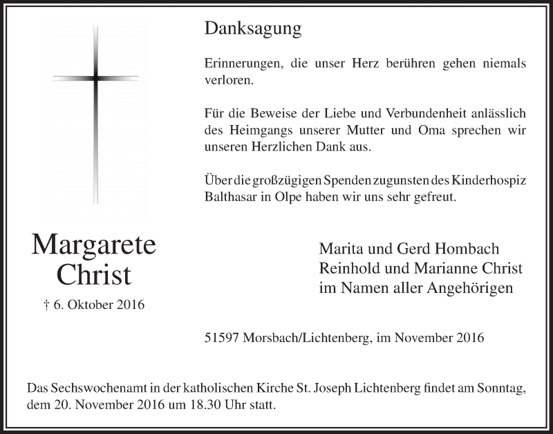  Traueranzeige für Margarete Christ vom 16.11.2016 aus  Lokalanzeiger 