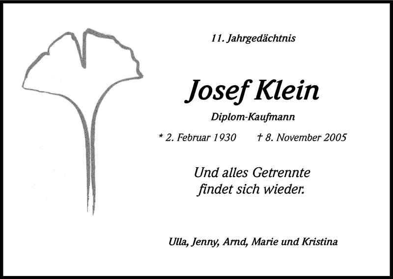  Traueranzeige für Josef Klein vom 08.11.2016 aus Kölner Stadt-Anzeiger / Kölnische Rundschau / Express