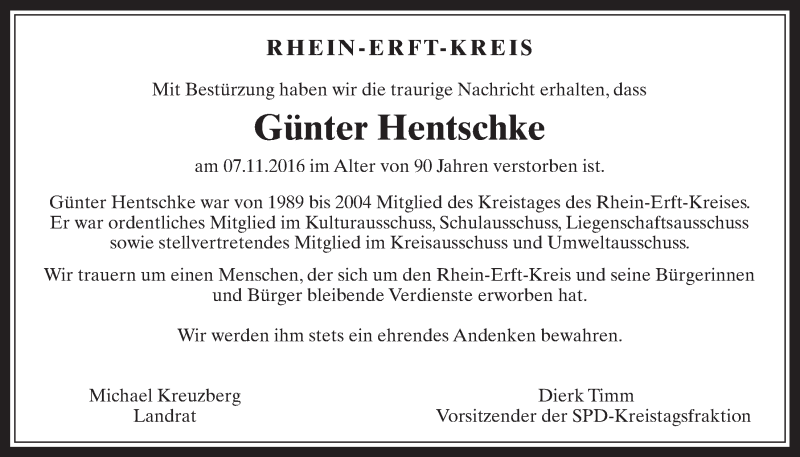  Traueranzeige für Günter Hentschke vom 19.11.2016 aus  Sonntags-Post 