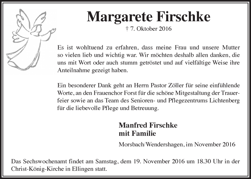  Traueranzeige für Margarete Firschke vom 16.11.2016 aus  Lokalanzeiger 