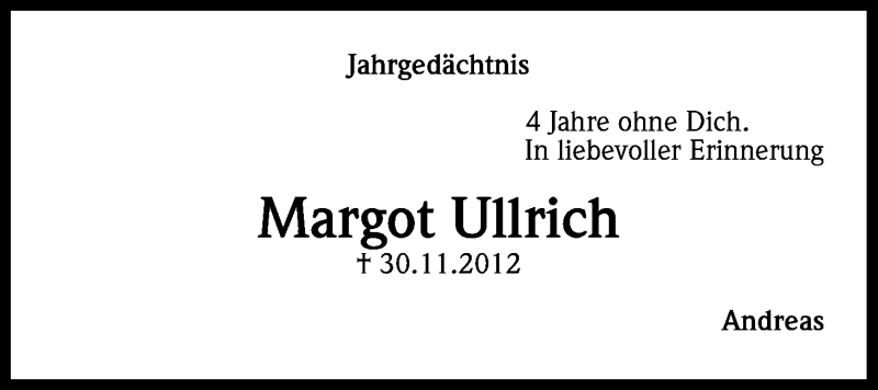  Traueranzeige für Margot Ullrich vom 30.11.2016 aus Kölner Stadt-Anzeiger / Kölnische Rundschau / Express