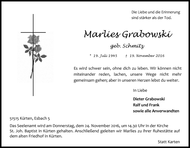  Traueranzeige für Marlis Grabowski vom 22.11.2016 aus Kölner Stadt-Anzeiger / Kölnische Rundschau / Express