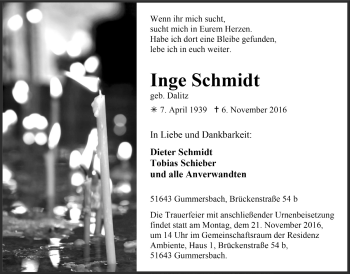 Anzeige von Inge Schmidt von  Anzeigen Echo 