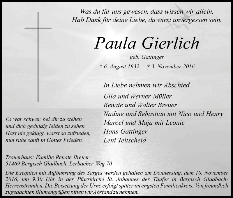  Traueranzeige für Paula Gierlich vom 05.11.2016 aus Kölner Stadt-Anzeiger / Kölnische Rundschau / Express