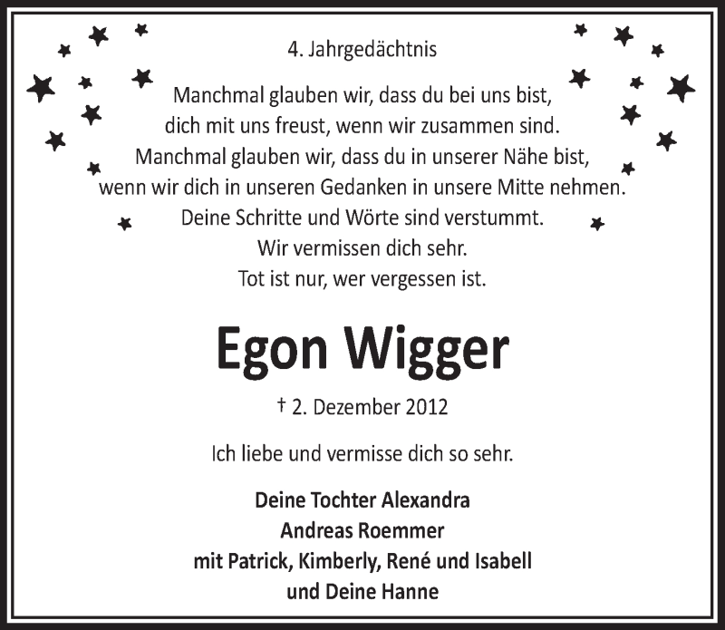  Traueranzeige für Egon Wigger vom 30.11.2016 aus  Anzeigen Echo 