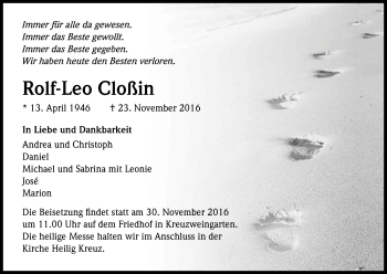 Anzeige von Rolf-Leo Cloßin von Kölner Stadt-Anzeiger / Kölnische Rundschau / Express