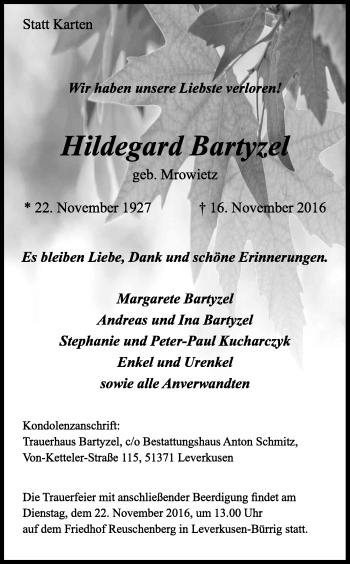 Anzeige von Hildegard Bartyzel von Kölner Stadt-Anzeiger / Kölnische Rundschau / Express