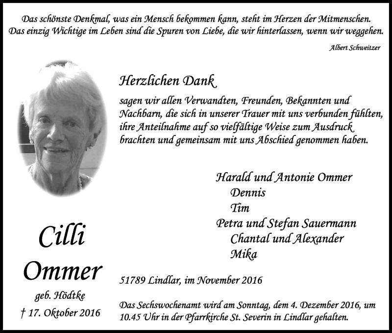  Traueranzeige für Cilli Ommer vom 26.11.2016 aus Kölner Stadt-Anzeiger / Kölnische Rundschau / Express