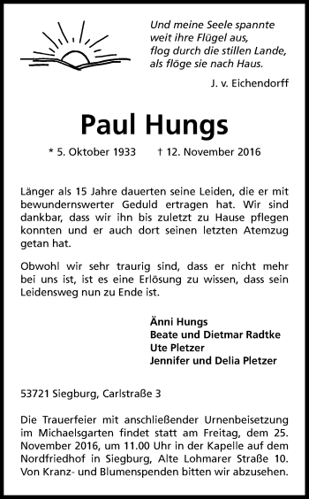 Anzeige von Paul Hungs von Kölner Stadt-Anzeiger / Kölnische Rundschau / Express