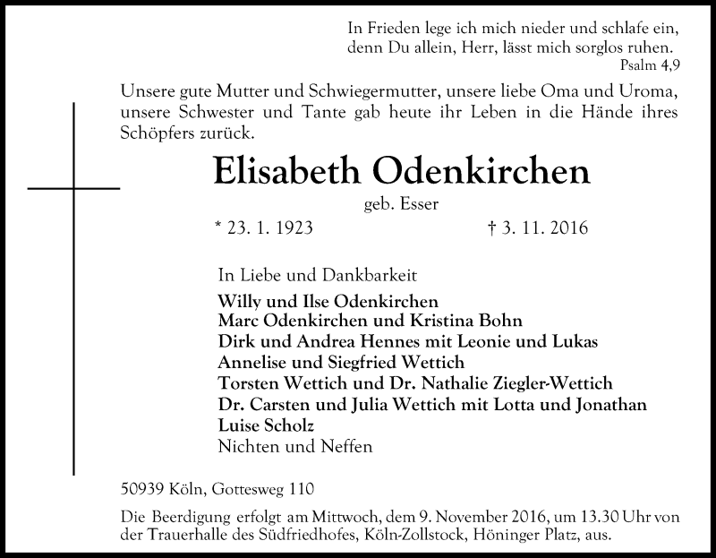  Traueranzeige für Elisabeth Odenkirchen vom 05.11.2016 aus Kölner Stadt-Anzeiger / Kölnische Rundschau / Express