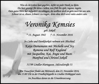 Anzeige von Veronika Kemsies von Kölner Stadt-Anzeiger / Kölnische Rundschau / Express