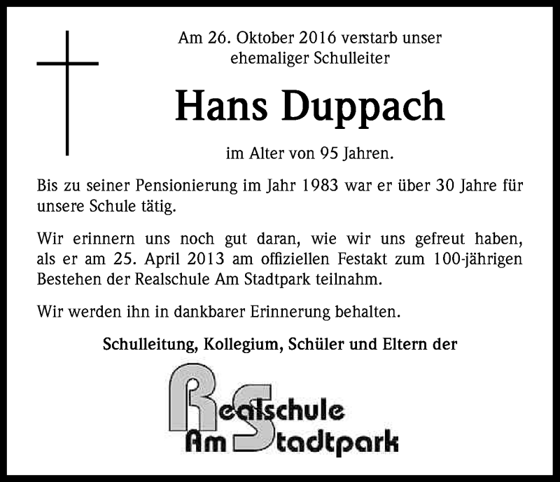  Traueranzeige für Hans Duppach vom 12.11.2016 aus Kölner Stadt-Anzeiger / Kölnische Rundschau / Express