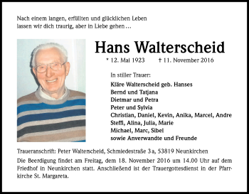 Anzeige von Hans Walterscheid von Kölner Stadt-Anzeiger / Kölnische Rundschau / Express