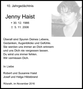 Anzeige von Jenny Haist von Kölner Stadt-Anzeiger / Kölnische Rundschau / Express