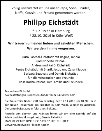 Anzeige von Philipp Eichstädt von Kölner Stadt-Anzeiger / Kölnische Rundschau / Express
