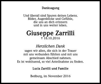 Anzeige von Giuseppe Zarrilli von Kölner Stadt-Anzeiger / Kölnische Rundschau / Express