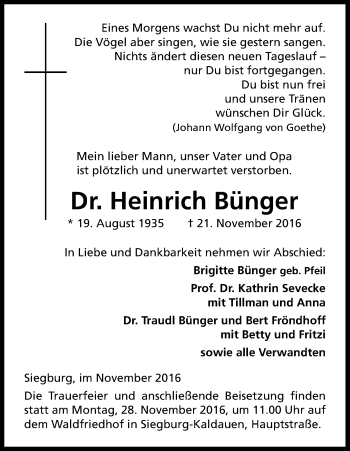Anzeige von Heinrich Bünger von Kölner Stadt-Anzeiger / Kölnische Rundschau / Express