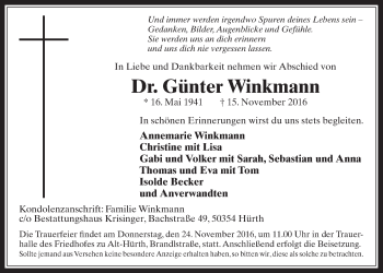 Anzeige von Günter Winkmann von  Wochenende 