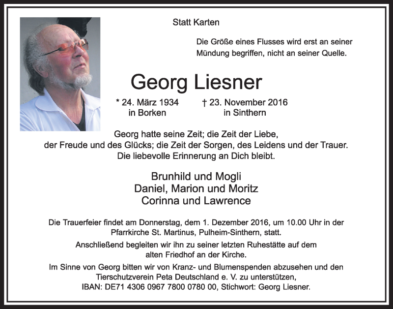  Traueranzeige für Georg Liesner vom 26.11.2016 aus  Sonntags-Post 