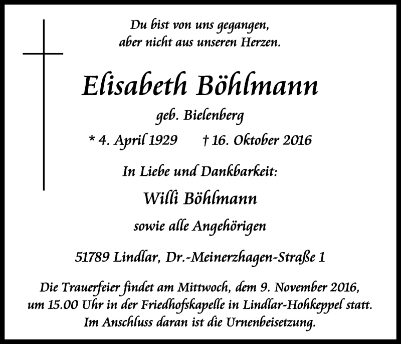  Traueranzeige für Efisabeth Böhfmann vom 05.11.2016 aus Kölner Stadt-Anzeiger / Kölnische Rundschau / Express