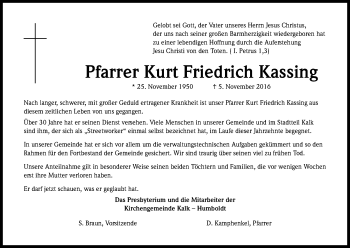 Anzeige von Kurt Friedrich Kassing von Kölner Stadt-Anzeiger / Kölnische Rundschau / Express