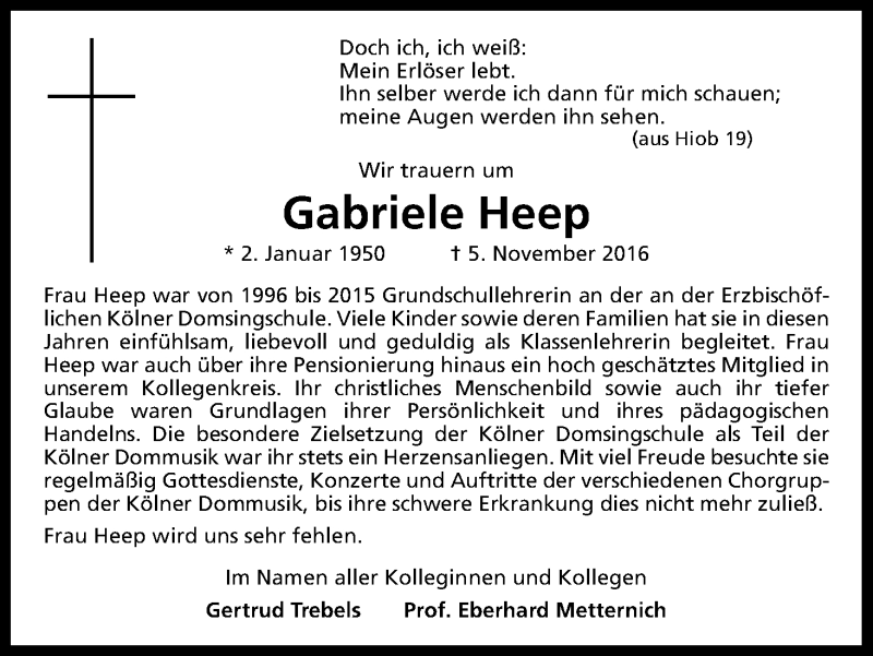  Traueranzeige für Gabriele Heep vom 12.11.2016 aus Kölner Stadt-Anzeiger / Kölnische Rundschau / Express