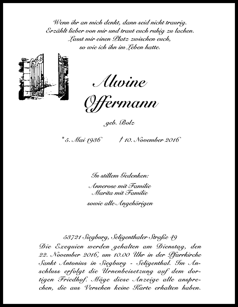  Traueranzeige für Alwine Offermann vom 16.11.2016 aus Kölner Stadt-Anzeiger / Kölnische Rundschau / Express