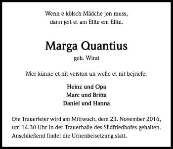 Anzeige von Marga Quantius von Kölner Stadt-Anzeiger / Kölnische Rundschau / Express