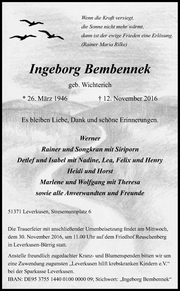  Traueranzeige für Ingeborg Bembennek vom 18.11.2016 aus Kölner Stadt-Anzeiger / Kölnische Rundschau / Express