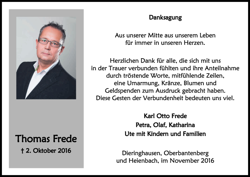  Traueranzeige für Thomas Frede vom 05.11.2016 aus Kölner Stadt-Anzeiger / Kölnische Rundschau / Express