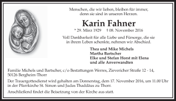 Anzeige von Karin Fahner von  Sonntags-Post 