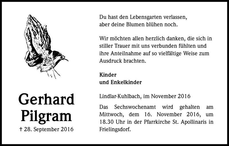  Traueranzeige für Gerhard Pilgram vom 05.11.2016 aus Kölner Stadt-Anzeiger / Kölnische Rundschau / Express
