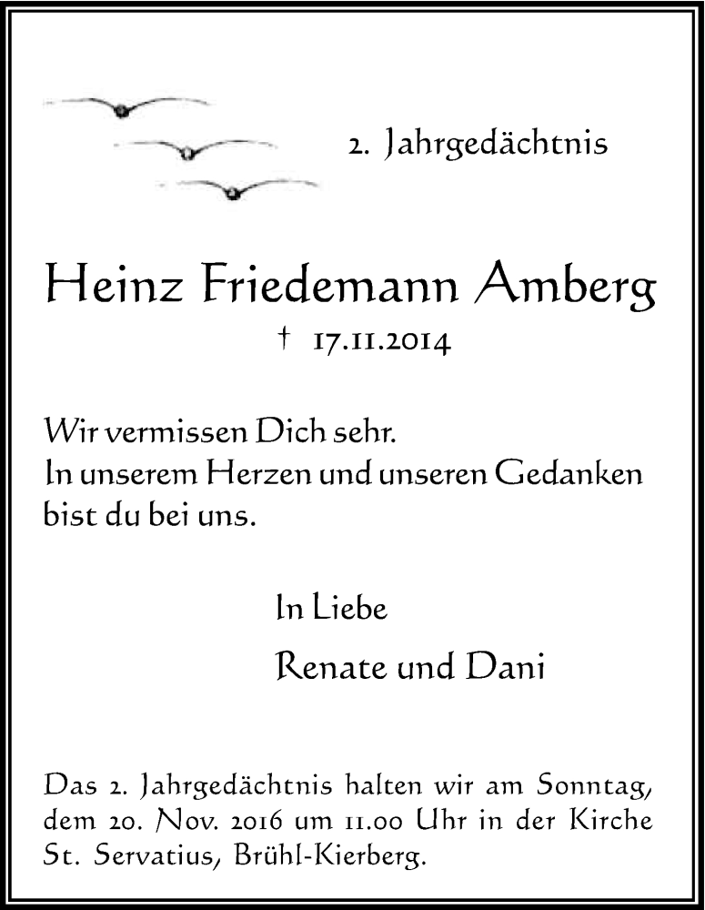  Traueranzeige für Heinz Friedemann Amberg vom 17.11.2016 aus Kölner Stadt-Anzeiger / Kölnische Rundschau / Express