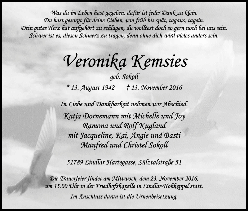  Traueranzeige für Veronika Kemsies vom 19.11.2016 aus Kölner Stadt-Anzeiger / Kölnische Rundschau / Express