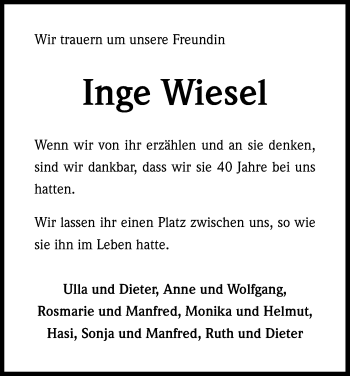 Anzeige von Inge Wiesel von Kölner Stadt-Anzeiger / Kölnische Rundschau / Express