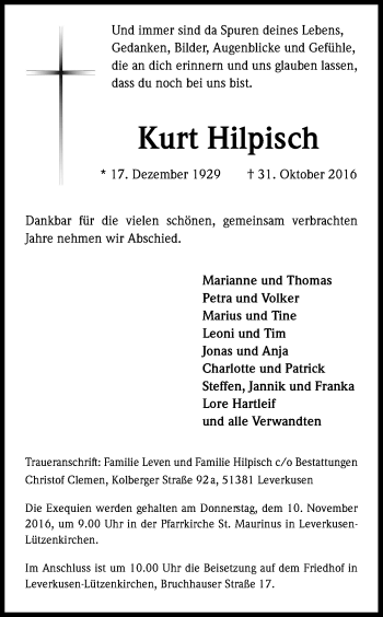 Anzeige von Kurt Hilpisch von Kölner Stadt-Anzeiger / Kölnische Rundschau / Express