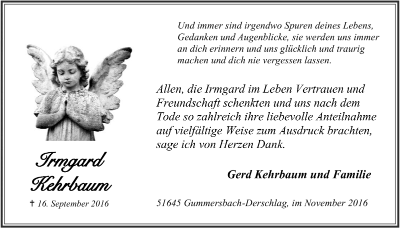  Traueranzeige für Irmgard Kehrbaum vom 09.11.2016 aus  Anzeigen Echo 