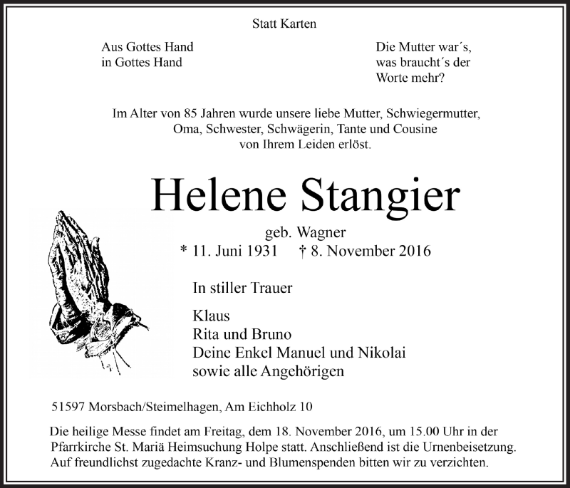  Traueranzeige für Helene Stangier vom 16.11.2016 aus  Lokalanzeiger 