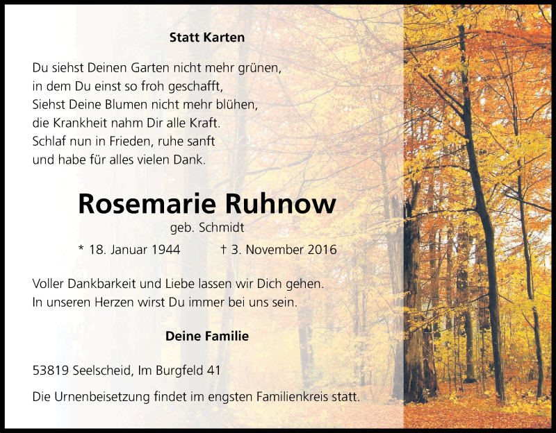 Traueranzeige für Rosemarie Ruhnow vom 05.11.2016 aus Kölner Stadt-Anzeiger / Kölnische Rundschau / Express