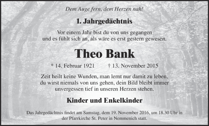  Traueranzeige für Theo Bank vom 12.11.2016 aus  Blickpunkt Euskirchen 
