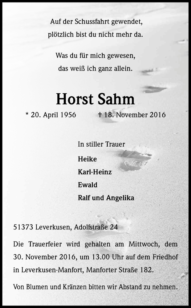  Traueranzeige für Horst Sahm vom 26.11.2016 aus Kölner Stadt-Anzeiger / Kölnische Rundschau / Express