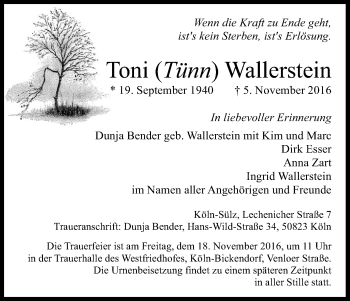 Anzeige von Toni  Wallerstein von Kölner Stadt-Anzeiger / Kölnische Rundschau / Express