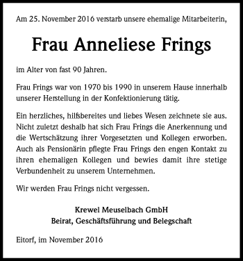 Anzeige von Anneliese Frings von Kölner Stadt-Anzeiger / Kölnische Rundschau / Express