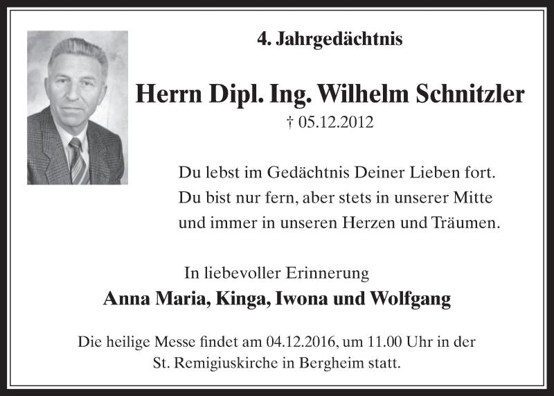  Traueranzeige für Wilhelm Schnitzler vom 30.11.2016 aus  Werbepost 