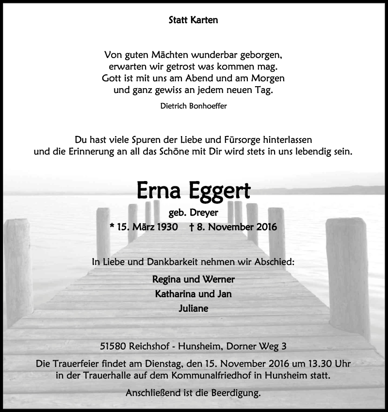  Traueranzeige für Erna Eggert vom 12.11.2016 aus Kölner Stadt-Anzeiger / Kölnische Rundschau / Express